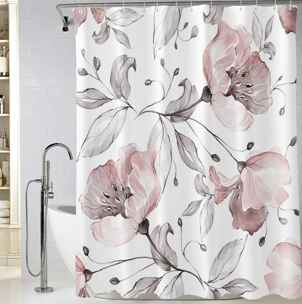 BIVINAR Pink Floral Shower Curtain, Watercolor Flower Bathroom Shower Curtain, Fabric Waterproof Shower Curtain with 12 Hooks, 7