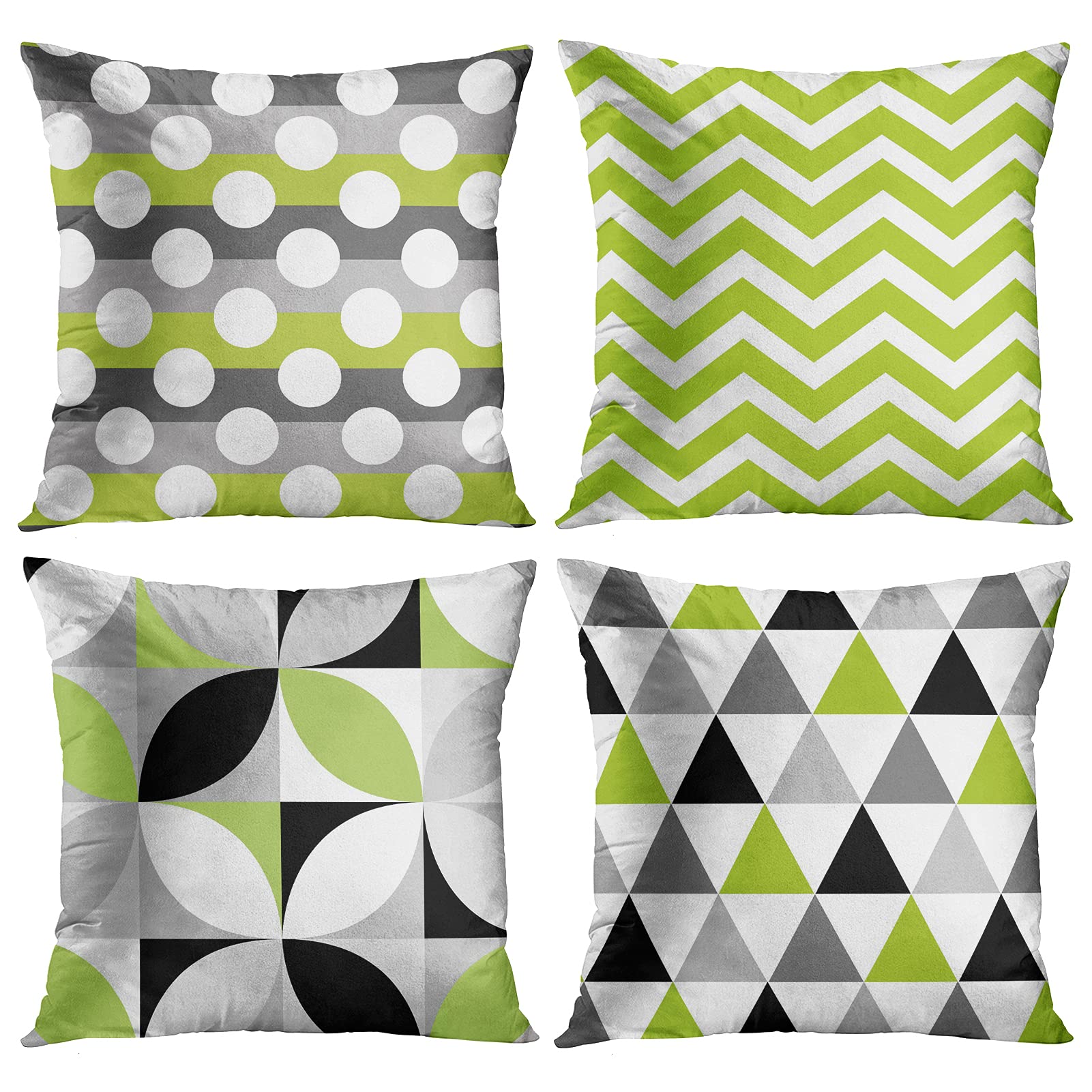 Artsocket Set Of 4 Throw Pillow Covers Green Black Lime Mosaic Pattern Gray Grey White Retro Triangles Geometric Decorative Pill