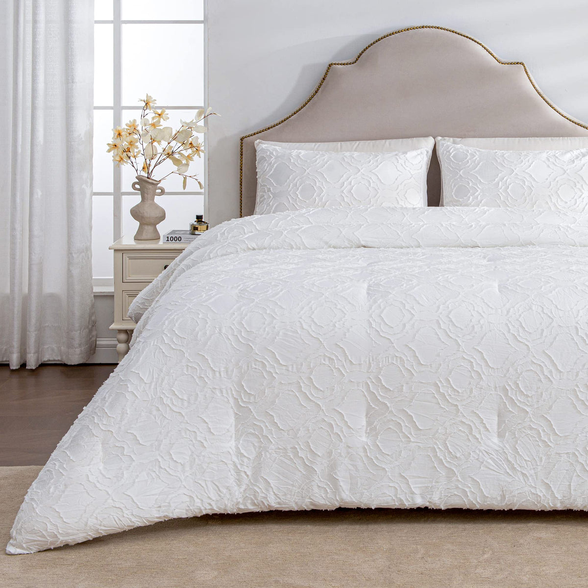 Andency White Floral Tufted Comforter Set Queen(90X90Inch), 3 Pieces(1 Boho Comforter, 2 Pillowcases) Textured Farmhouse Comfort
