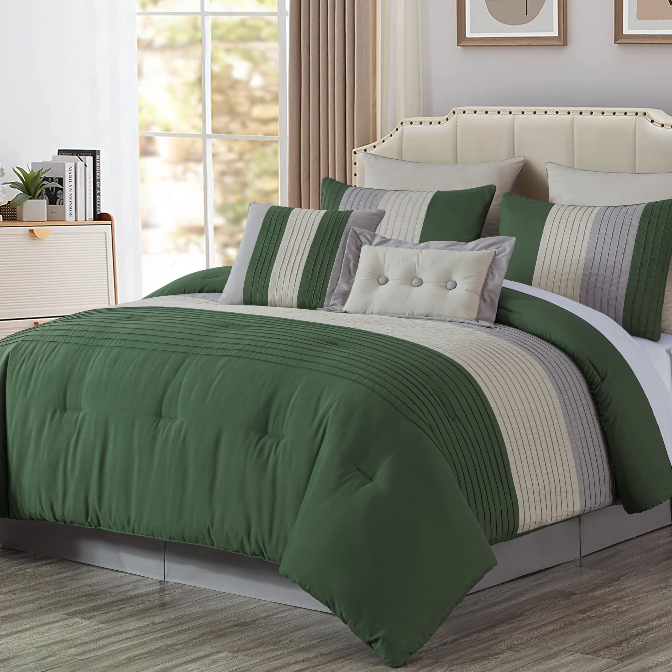 Chezmoi Collection Loft 8-Piece Oversized King Comforter Set, Forest Green/Gray/Cream Luxury Striped Bedding For All Season