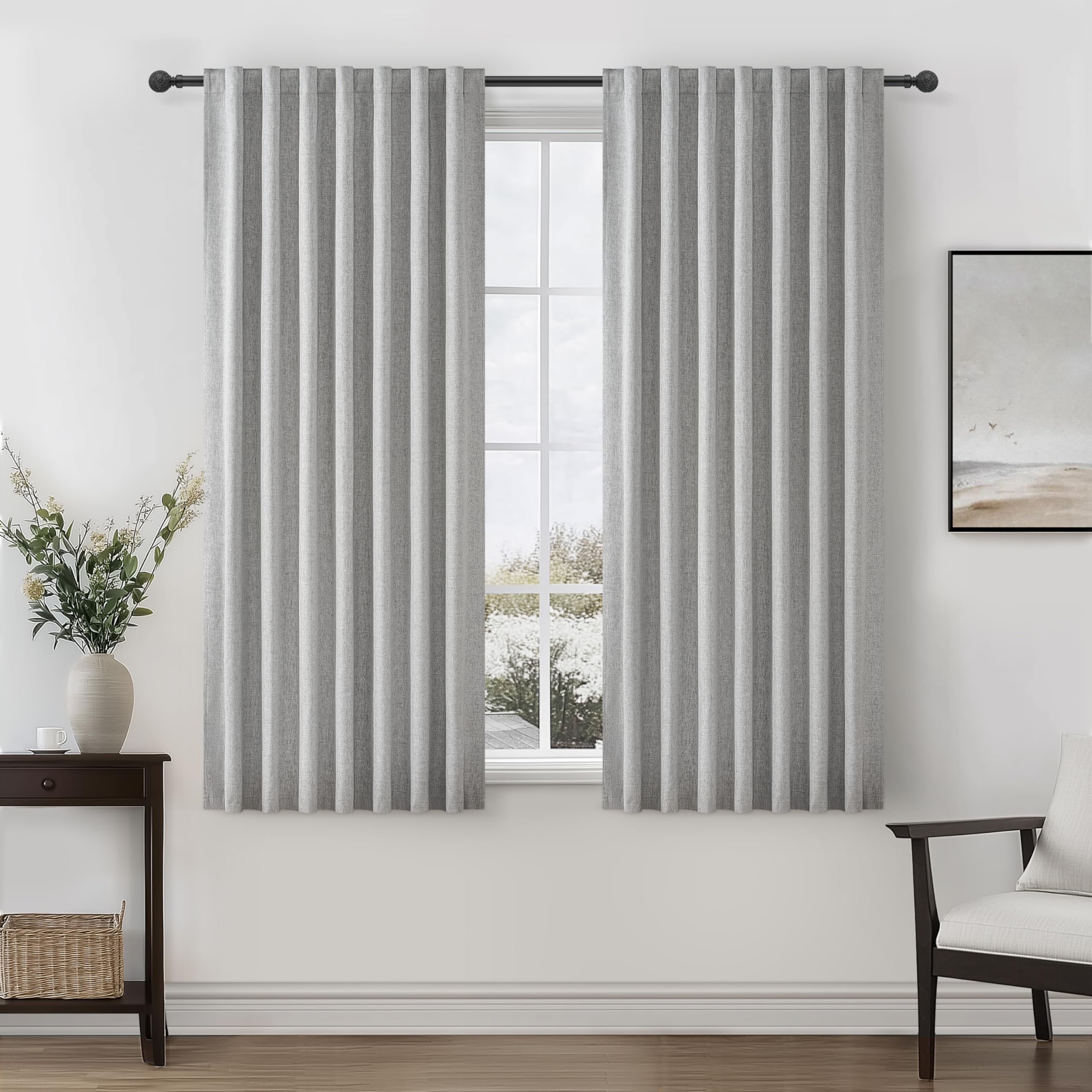 Grey Room Darkening Curtains 72 Inches Long 2 Panels Burg, Linen Heavy Insulated Bay Window Curtain Modern Neutral Drapes for Be