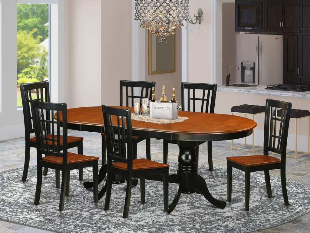 East West Furniture PLNI7-BCH-W 7 Piece Dining Set Consist of an Oval Dining Room Table with Butterfly Leaf and 6 Wood Seat Chairs, 42x78 Inch, Black & Cherry
