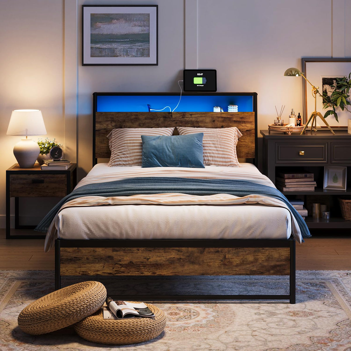 Linsy Twin Bed Frame With Ergonomic Headboard, 14 Inch Fast Assembly Metal Bed With Led Lights, Outlets & Usb, Kids Twin Size Be