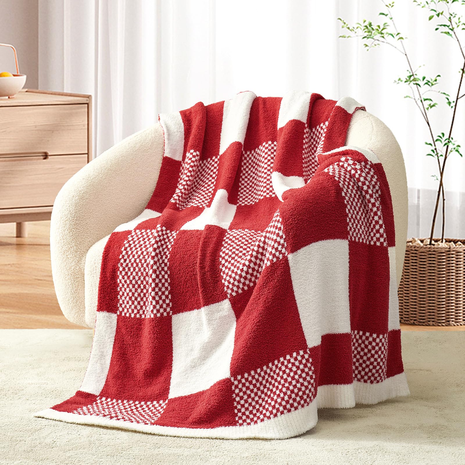 Snuggle Sac Checkered Blanket, Buffalo Plaid Checker Blankets Lux Soft Fuzzy Cozy Blanket, Reversible Knitted Blanket,Red White,