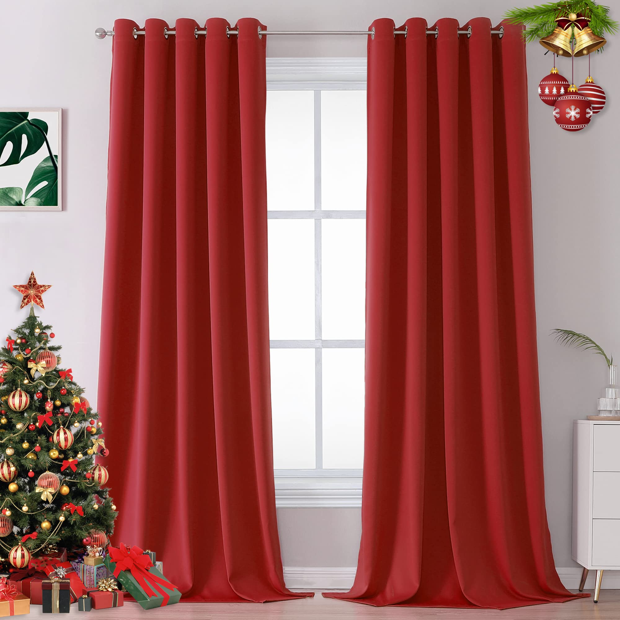 Dualife 108 Inches Long Red Blackout Curtains For Bedroom Room Darkening Thermal Insulated Curtain Panels With Grommet Top Windo