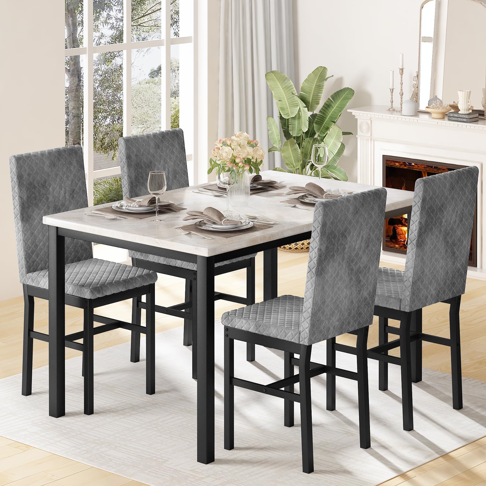 Hooseng Dining Room Table Set,Faux Marble 5 Piece Dining Table Set For 4,Modern Upholstered Pu Leather Chairs, For Kitchen And D