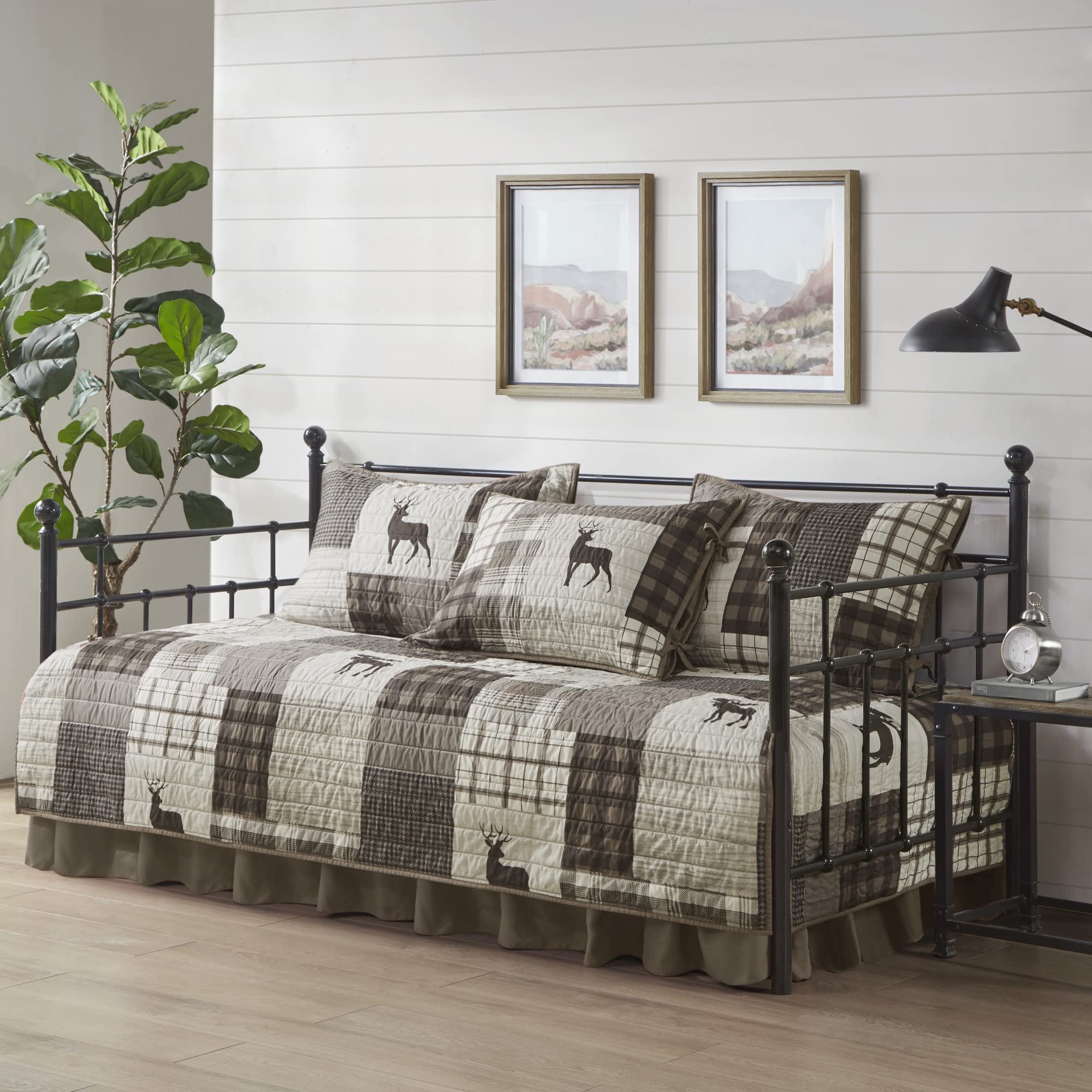 Woolrich Daybed Cover Set - Cabin Lifestyle, Patchwork With Moose Design All Season, Lightweight And Breathable Cozy Bedding Lay