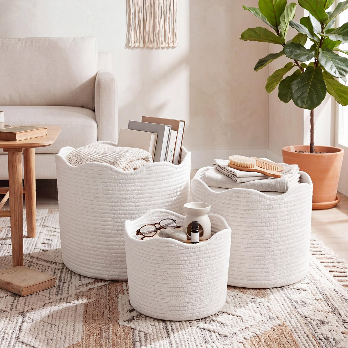Tiangrid 3 Set Cotton Rope Woven Laundry Basket 3 Size White Scallop Basket