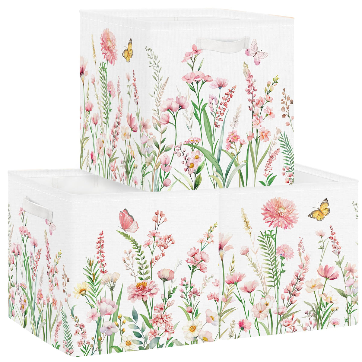 Clastyle Pink Wild Flower Kid Storage Basket Set Spring Butterfly Plants Foldable Closet Clothes Organizer Nursery Toddler Toy B
