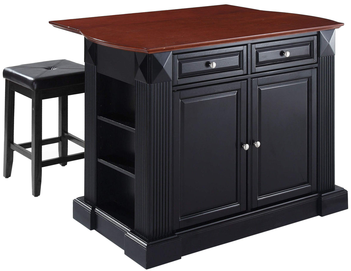 Crosley Furniture Drop Leaf Kitchen Island/Breakfast Bar With 24-Inch Upholstered Square Seat Stools, Black