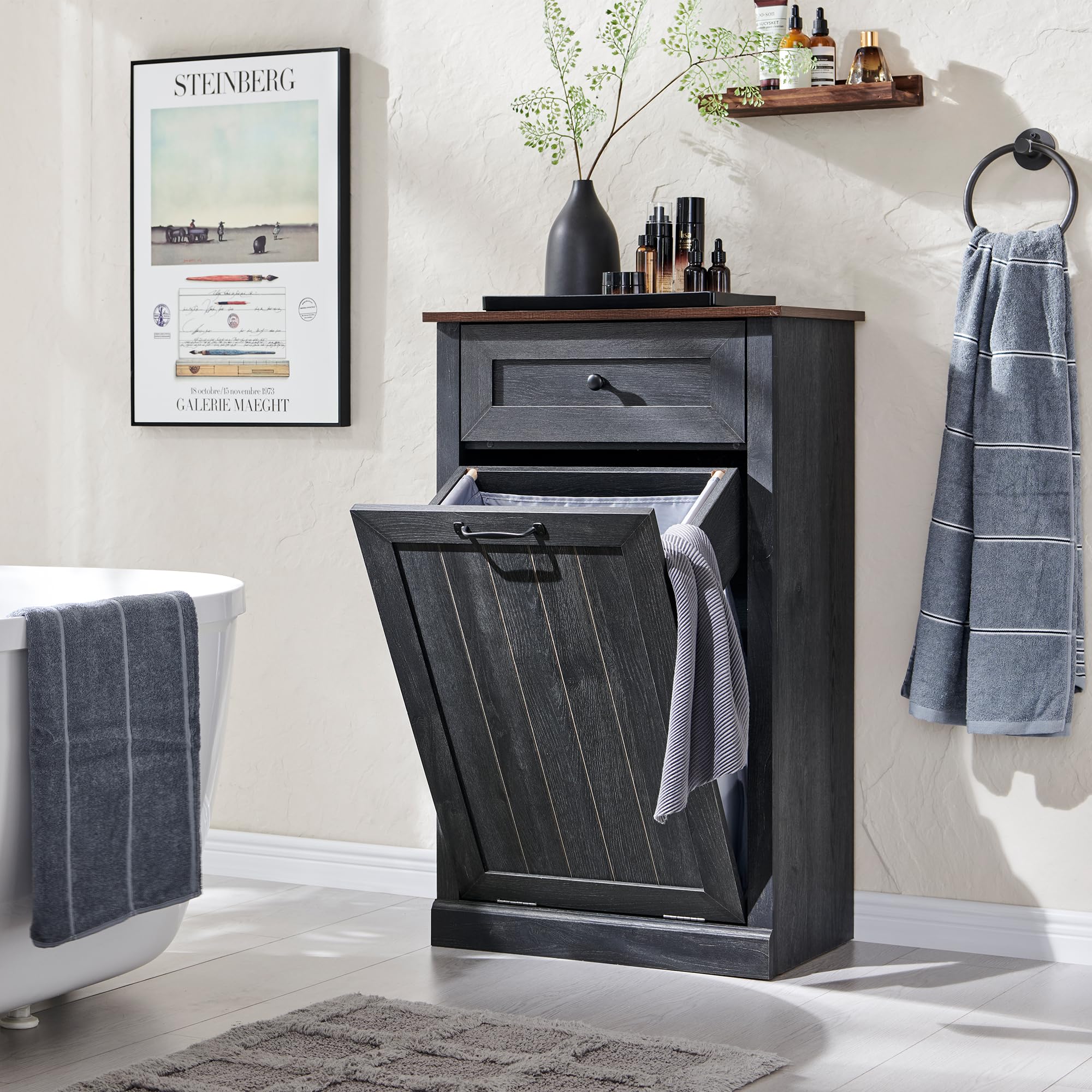 IFBUY Tilt Out Laundry Hamper Cabinet, 10 Gallon Farmhouse Trash Can Cabinet with Drawer, Hidden Wood Garbage Can Bin Cabinet wi