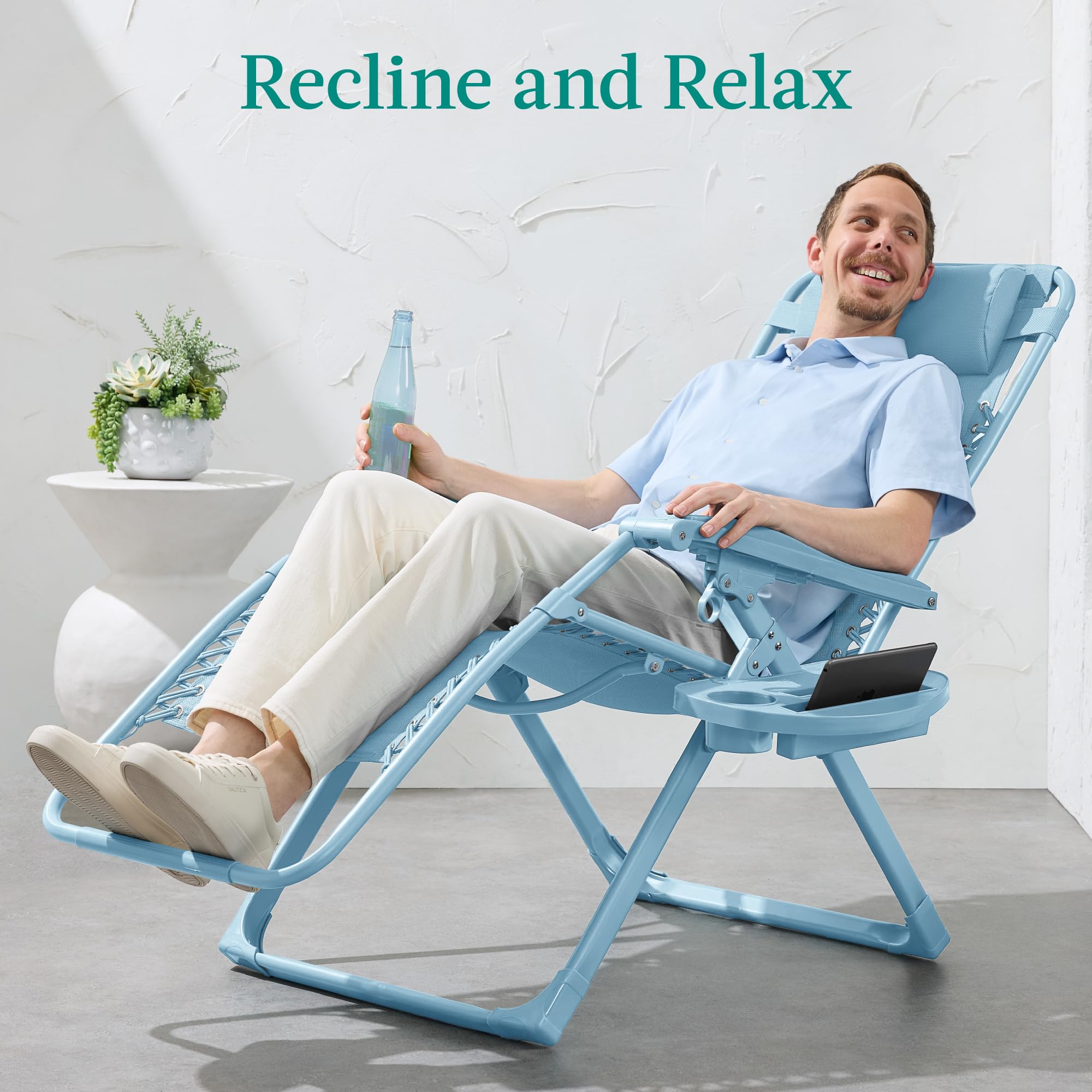 Best Choice Products Adjustable Zero Gravity Chair, Monochromatic Color Folding Patio Recliner W/Side Tray, Headrest - Sky