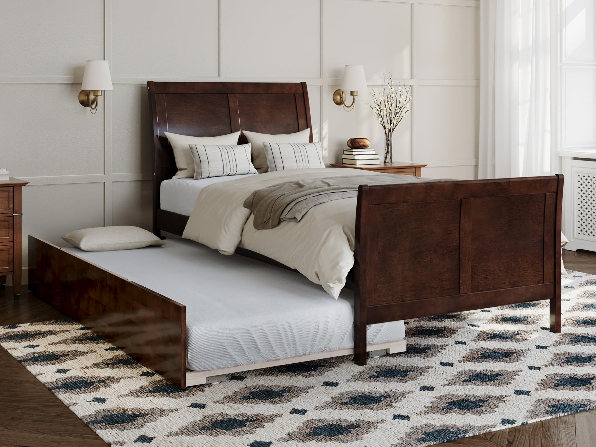 AFI Portland Twin XL Size Platform Bed with Matching Footboard & Twin XL Trundle in Walnut