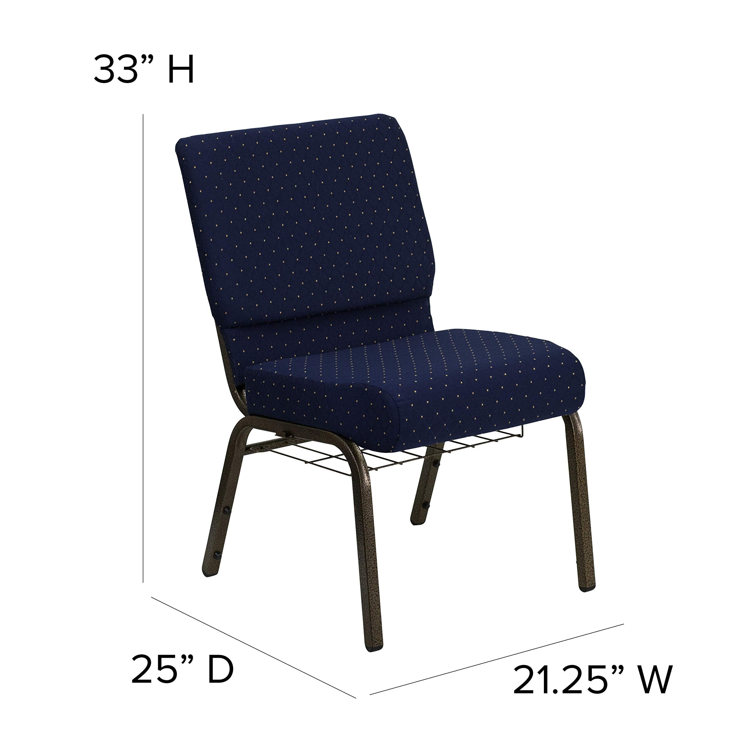 Flash Furniture HERCULES Series 21''W Church Chair in Navy Blue Dot Patterned Fabric with Book Rack - Gold Vein Frame