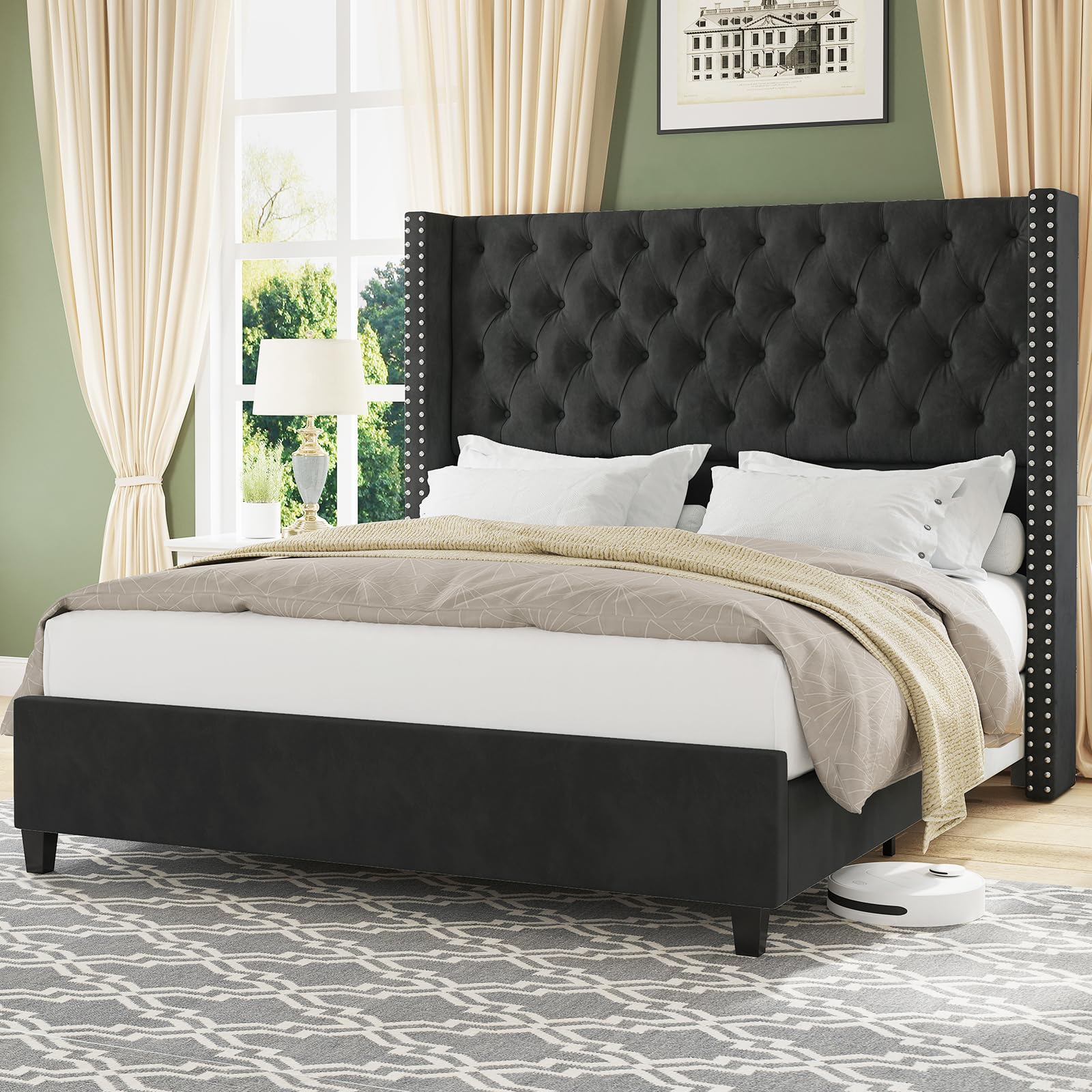 Jocisland Queen Upholstered Bed Frame With Tall Headboard Wingback Platform Bed Tufted Deep Button Velvet/No Box Spring Needed/Easy Assembly/Black