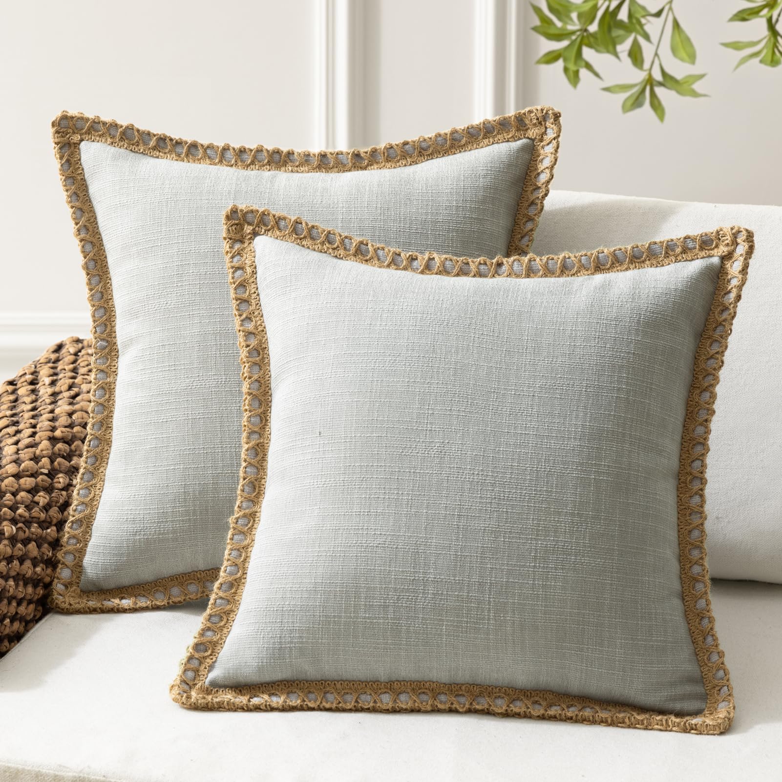 Phantoscope Pack Of 2 Farmhouse Decorative Throw Decorative Pillow Cover Burlap Linen Trimmed Tailored Edges, Flax Gray, 18 X 18 Inches, 45 X 45 Cm
