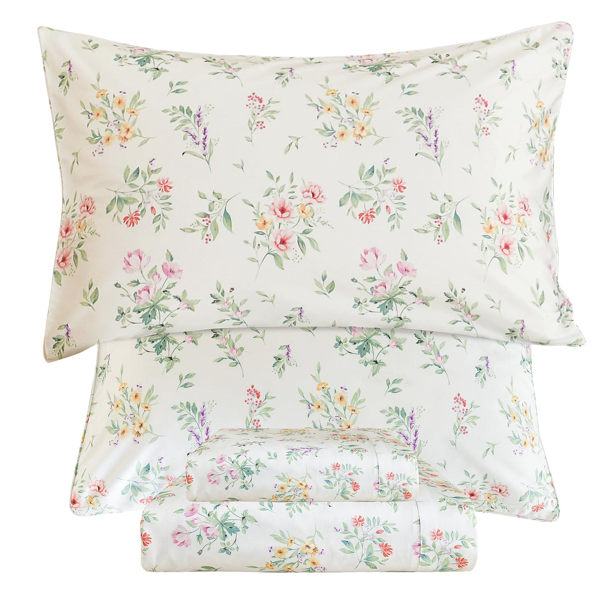 Qsh Green Floral Sheets Queen Size,Yellow Flowers Botanical Pattern Printed Bedding Sheets 100% Egyptian Cotton Sheets Queen Siz