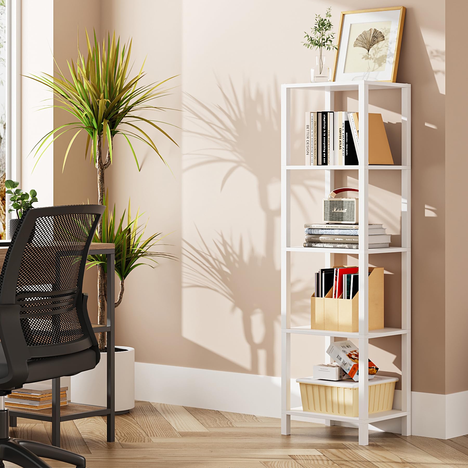 Tutotak Bookshelf, 5-Tier Tall Book Shelf, Narrow Bookcase For Small Space, Diy Stackable Bookshelf, For Living Room, Office, Study, Entryway, Industrial, White Bs01Bw005