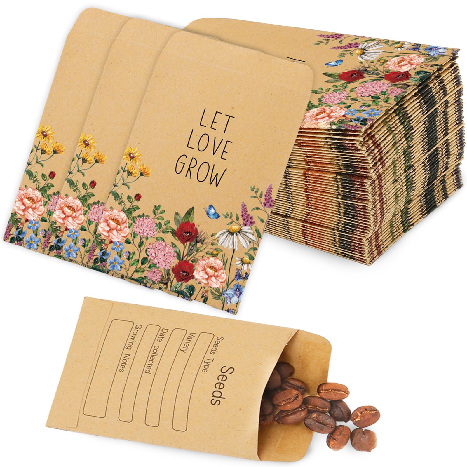 Fysuimu 200Pcs Wildflower Seed Packets Let Love Grow Self-Adhesive Kraft Envelopes Rustic Floral Seed Storage Pockets For Garden