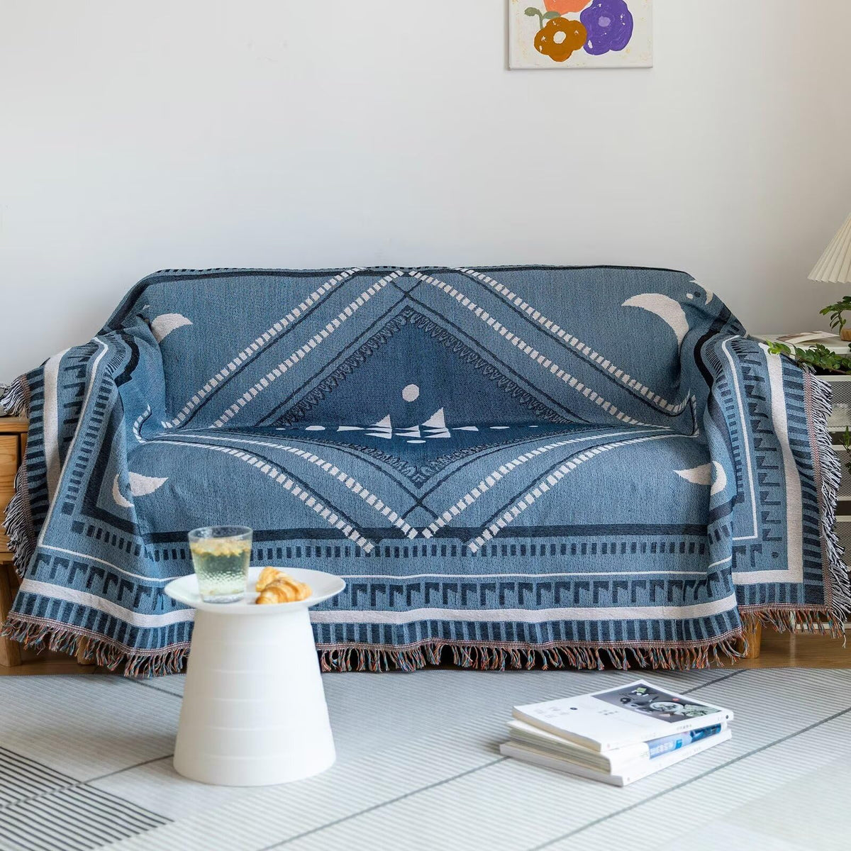 Vclife Boho Couch Cover White Blue Plaid Stripe Couch Cover Washable L Shape Sofa Cover Thick Breathable Non Slip Sectional Couc