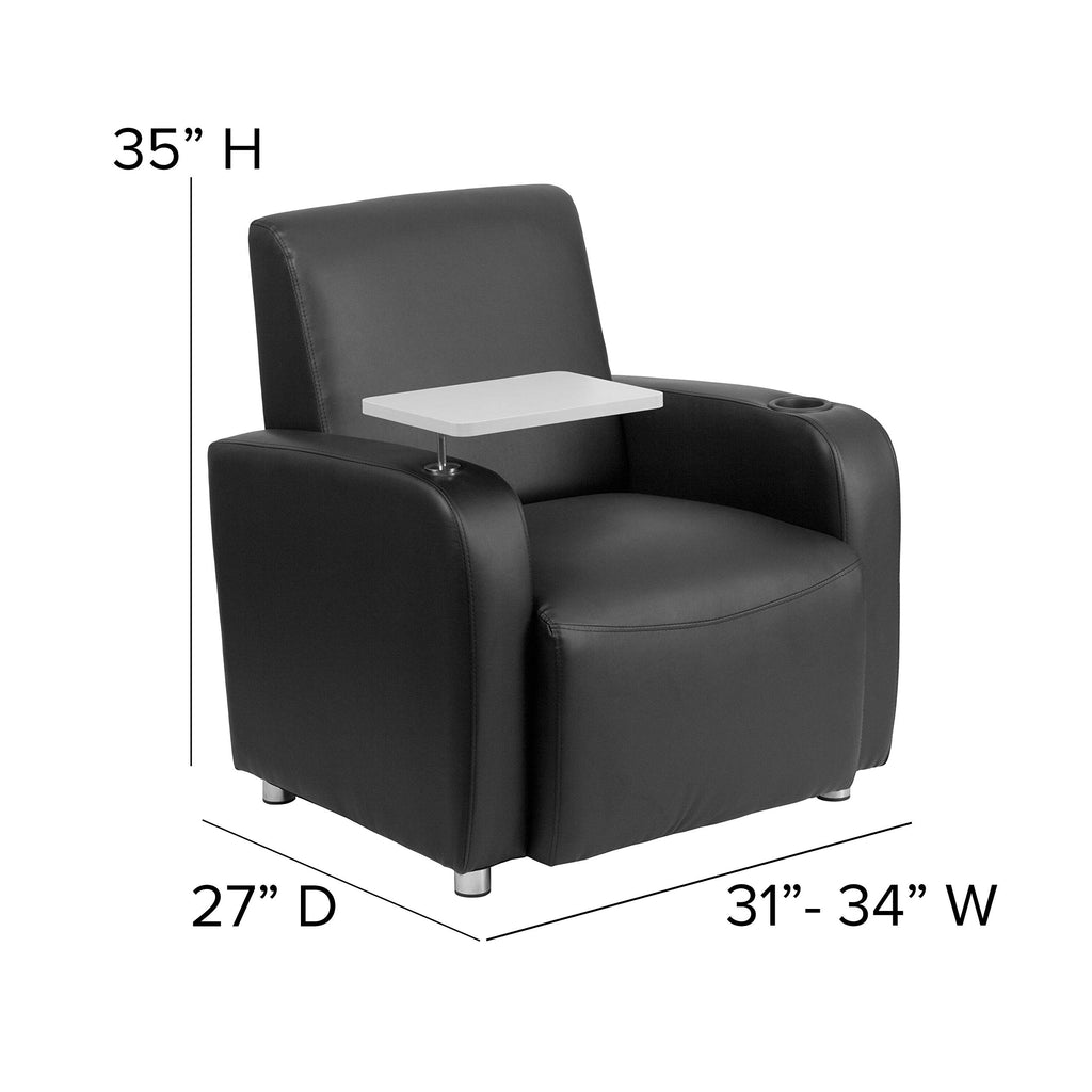 Flash Furniture George Leathersoft Guest Chair With Tablet Arm And Cup Holder, Upholstered Tablet Arm Chair For Offices And Waiting Rooms, Black
