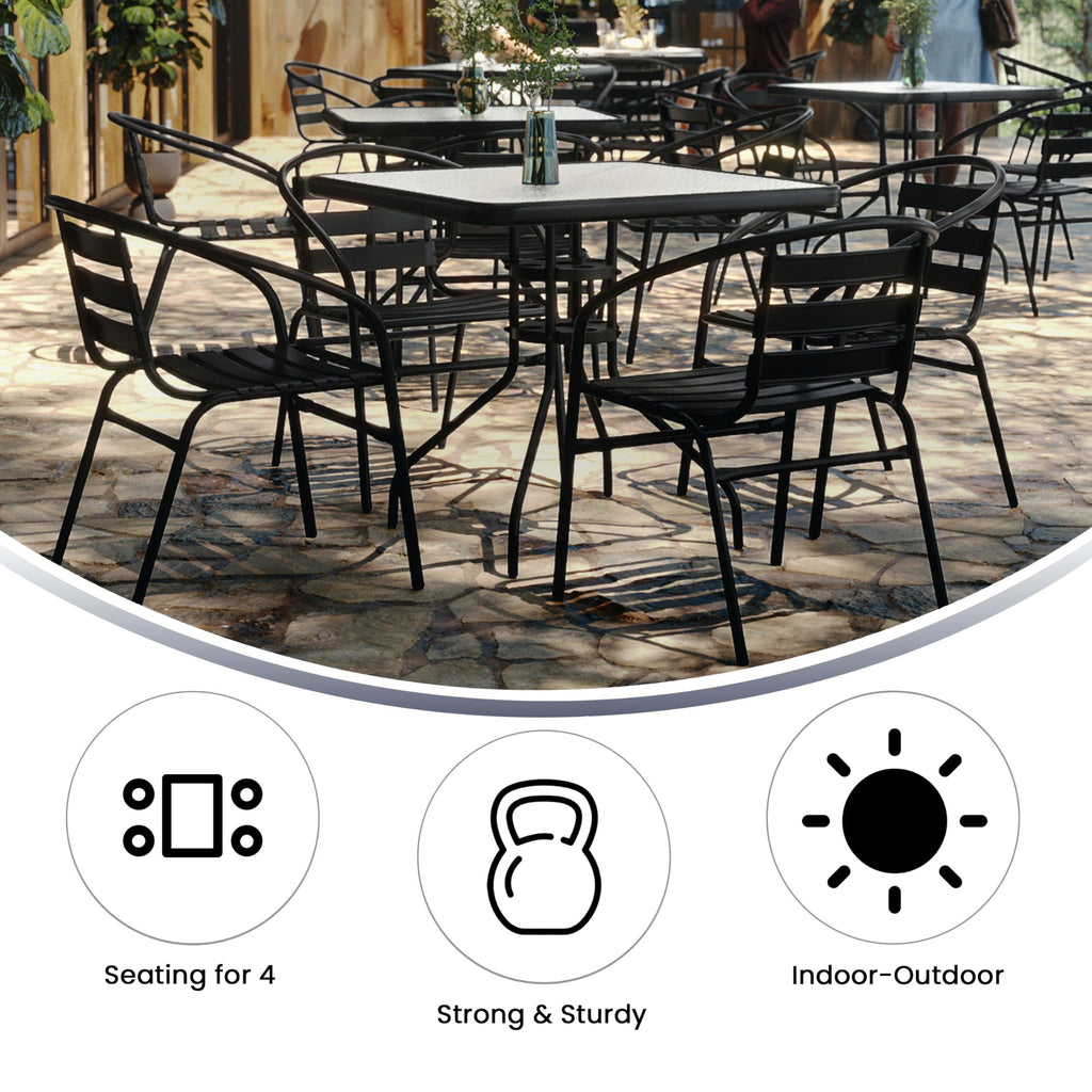 Flash Furniture 5-Piece Patio Dining Set with 31.5" Square Glass Metal Table and 4 Stackable Slat Back Chairs, Indoor/Outdoor Bistro Set, Black