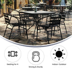 Flash Furniture 5-Piece Patio Dining Set with 31.5" Square Glass Metal Table and 4 Stackable Slat Back Chairs, Indoor/Outdoor Bistro Set, Black