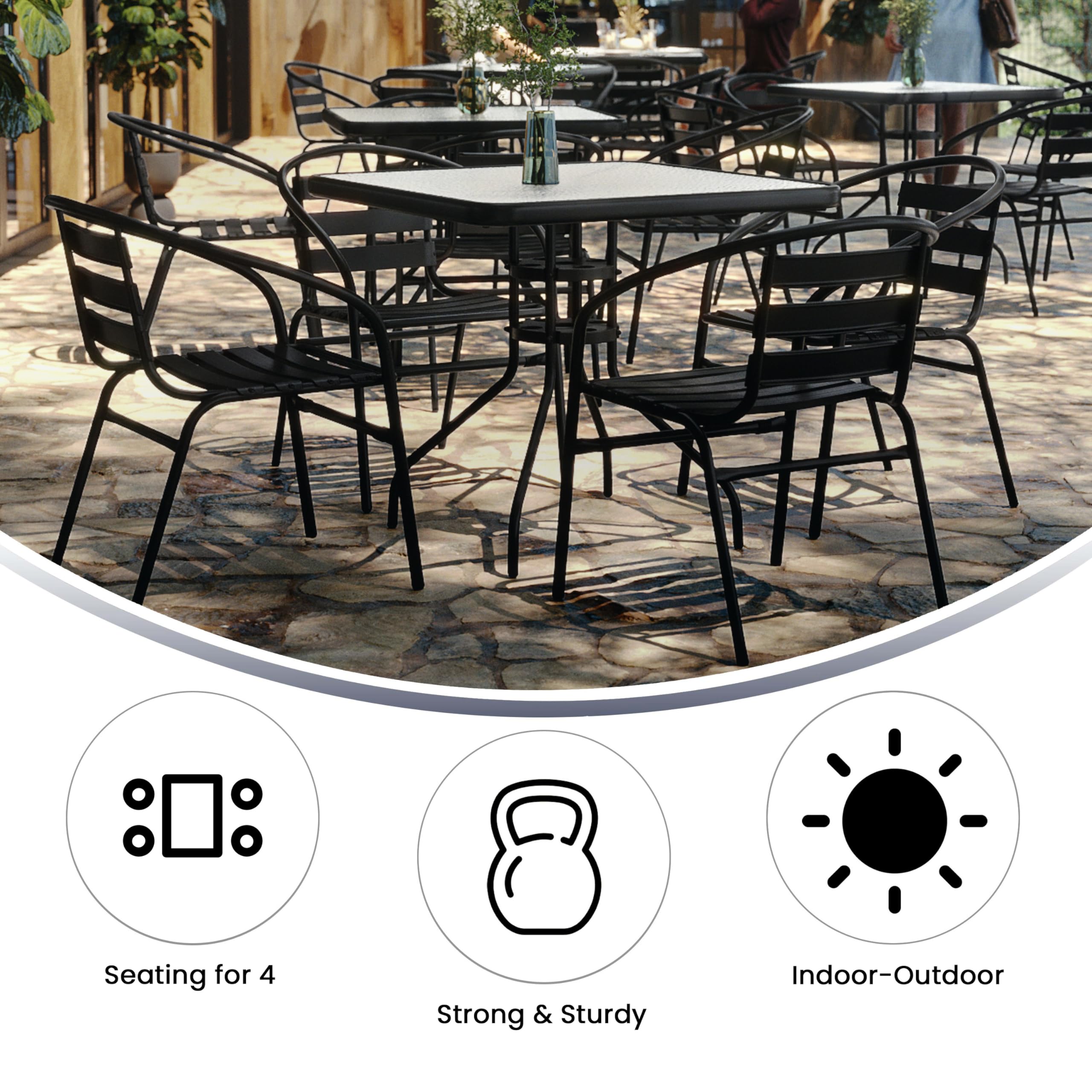 Flash Furniture 5-Piece Patio Dining Set with 31.5" Square Glass Metal Table and 4 Stackable Slat Back Chairs, Indoor/Outdoor Bistro Set, Black