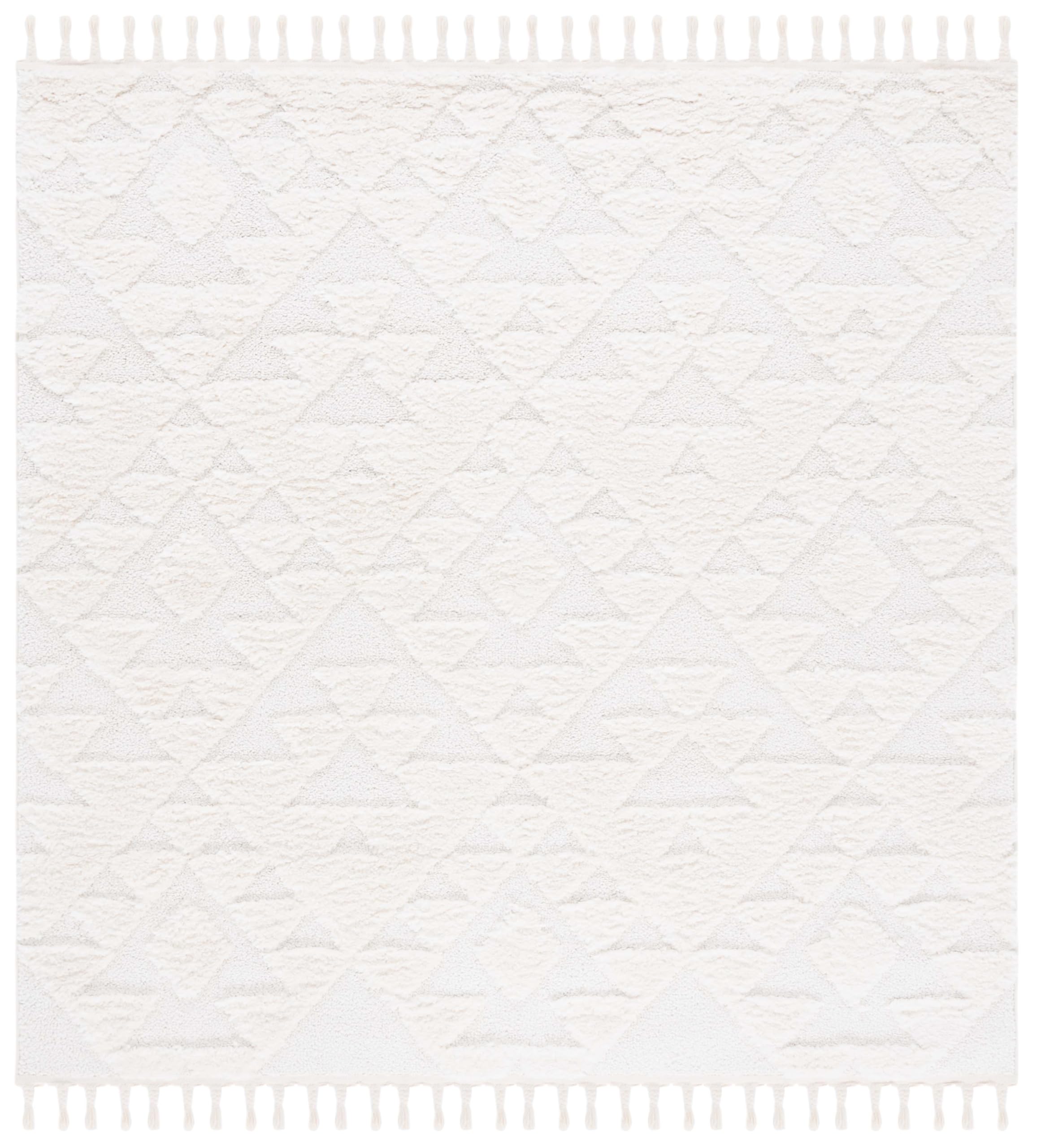 Safavieh Moroccan Tassel Shag Collection Area Rug - 53 Square, Ivory, Geometric Design, Plush 1.5 Inch Thick Ideal for High Tra