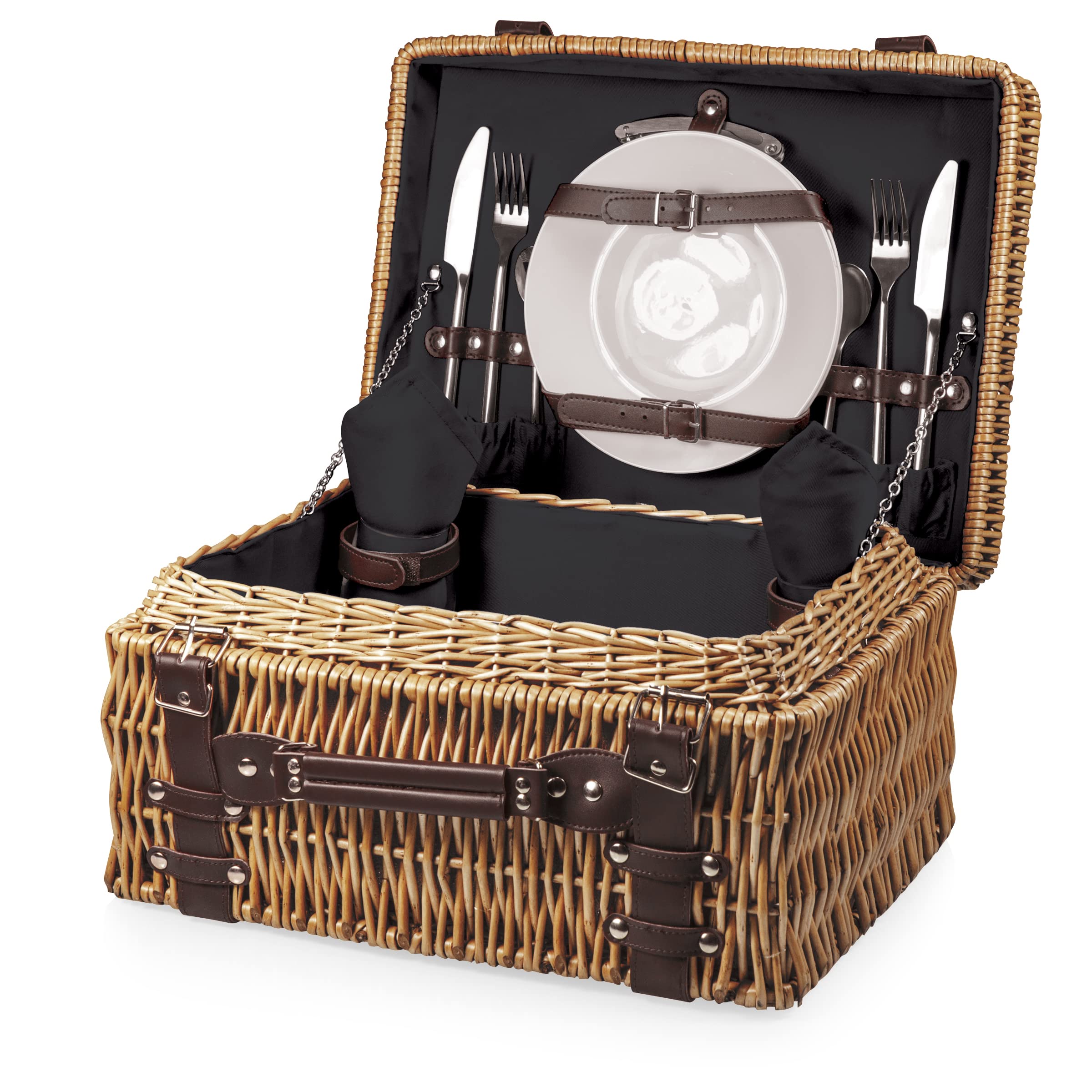 Picnic Time Champion Picnic Basket For 2, Large Wicker Hamper Set With Cutlery Service Kit (Black With Brown Accents)