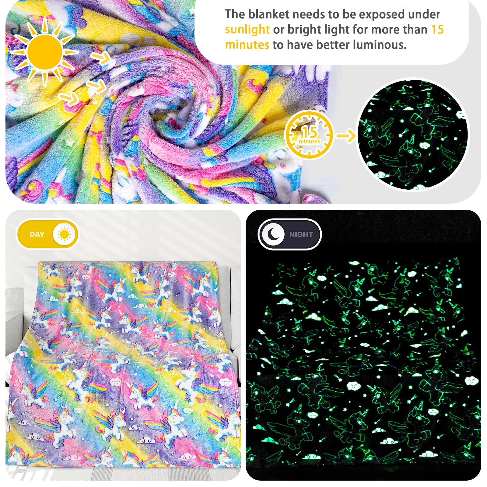 Glow In The Dark Unicorn Blanket 50X60 Inch Rainbow Blanket Gifts For Girls Soft Pink Throw Blanket For Bed 3 4 5 6 7 8 9 10 Yea