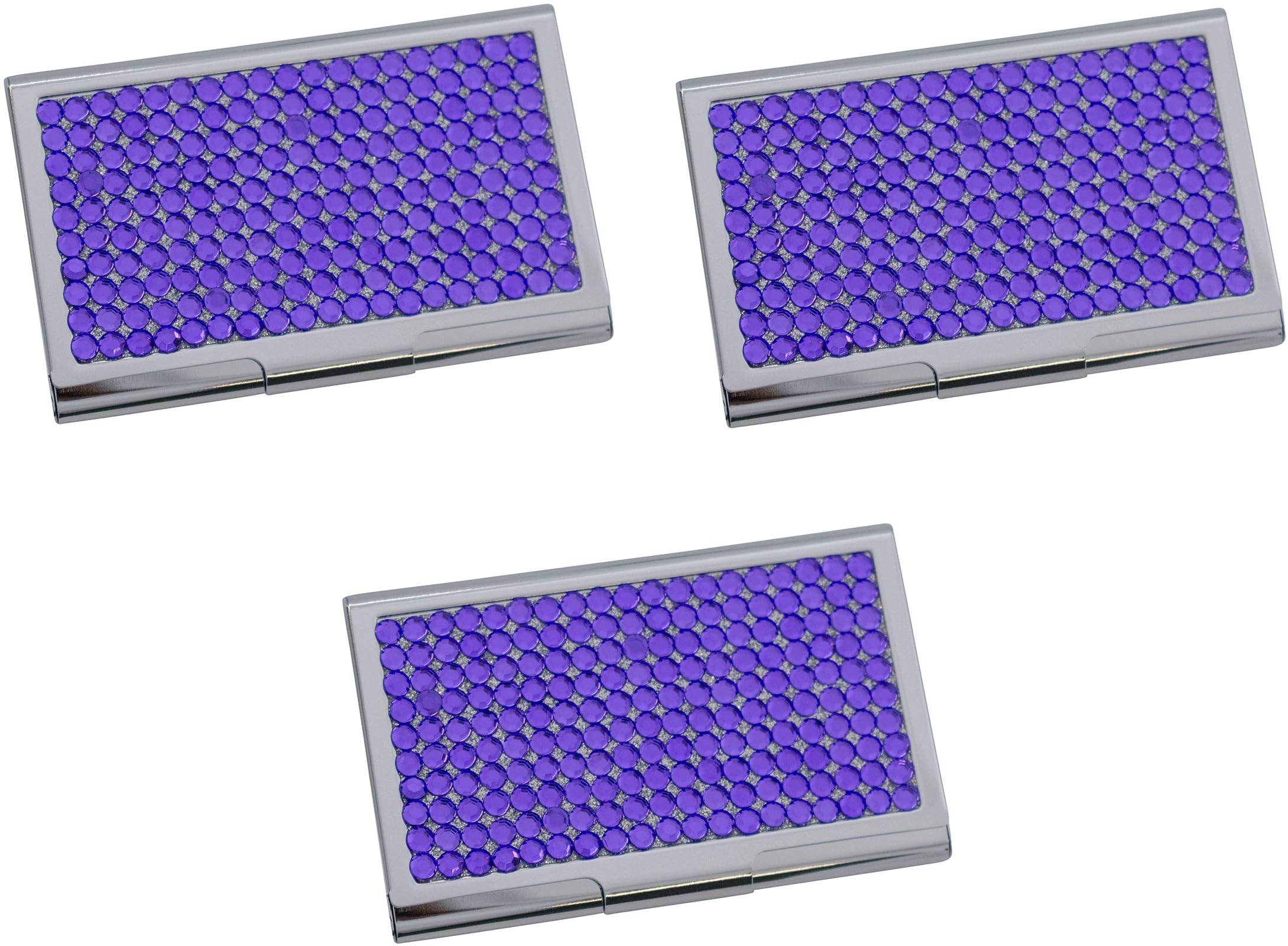 Stephanie Imports Set Of 3 Slim & Minimalist Metal Business Card Holder Unisex Case With Rhinestone Insert (Purple)