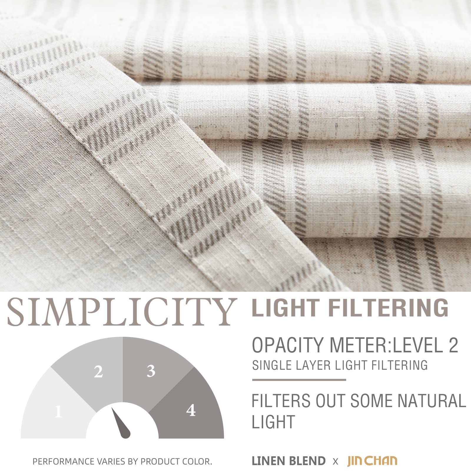 Jinchan Gray Striped Linen Kitchen Curtains 45 Inch Cafe Tier Curtains Balanced Stripe Farmhouse Small Drapes For Bathroom Laundry Over Sink Half Window Light Filtering 2 Panels Grey On Beige