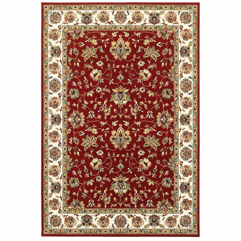 HomeRoots Polypropylene 7' x 10' Red Ivory Machine Woven Floral Oriental Indoor Area Rug