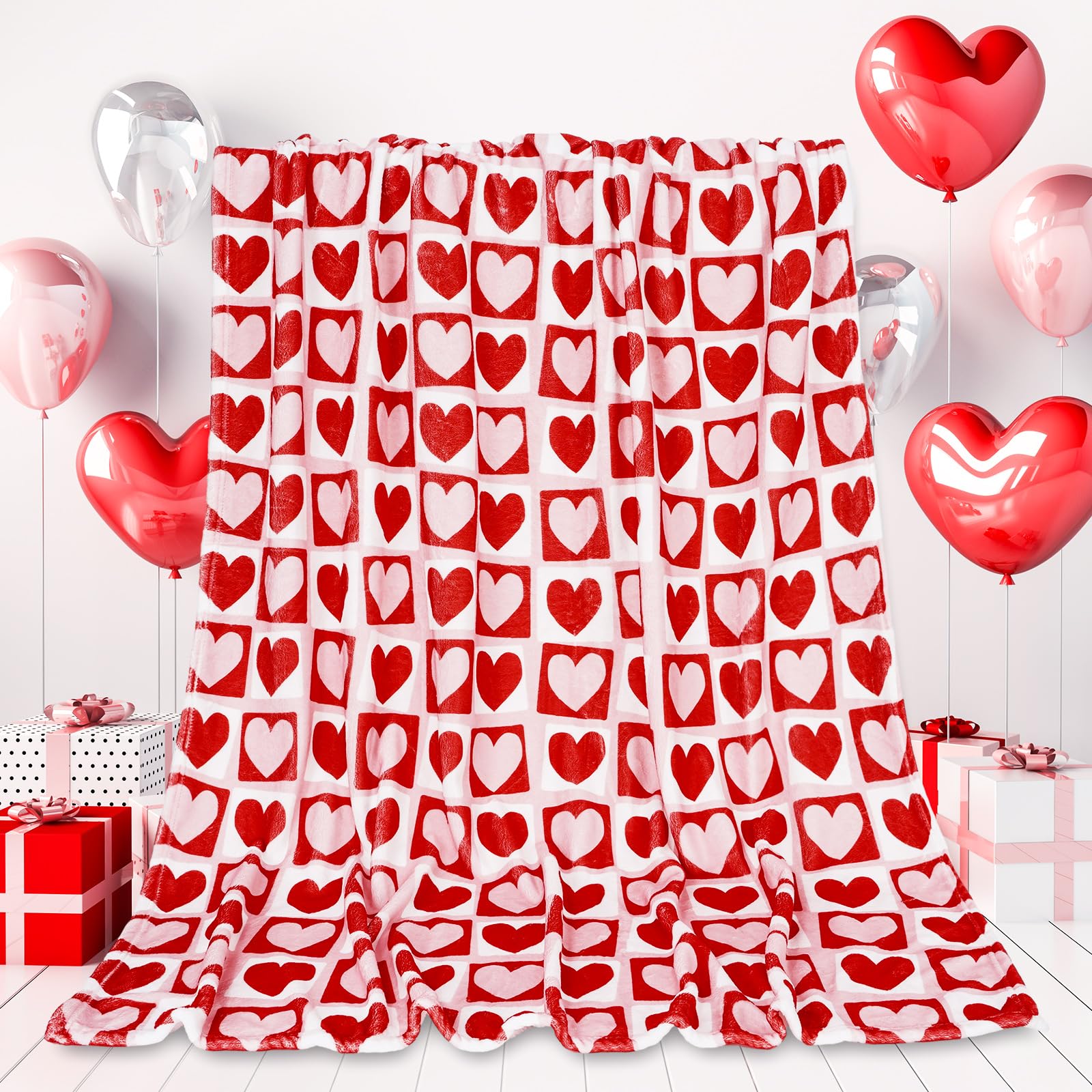 JarThenaAMCS Valentine's Day Fuzzy Blanket Red White Heart Throw Blanket 60 x 70 Inch Plaid Hearts Flannel Blanket for Home Chai