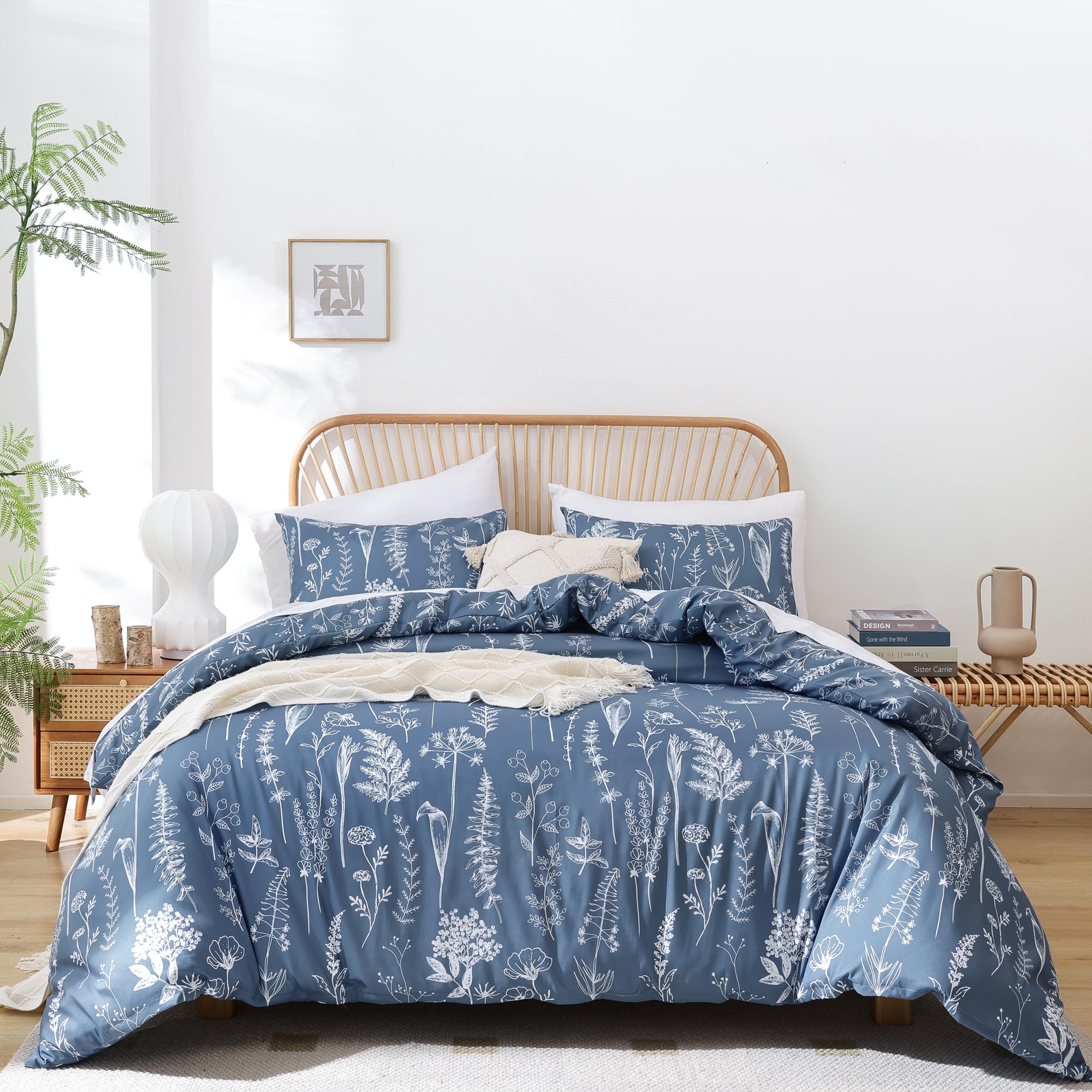Janzaa Queen Comforter Set Infinity Blue Comforter Floral Bedding Sets 3 Pieces Flowers Bed Comforter 1 Soft Reversible Cute Botanical With 2 Pillow Shams
