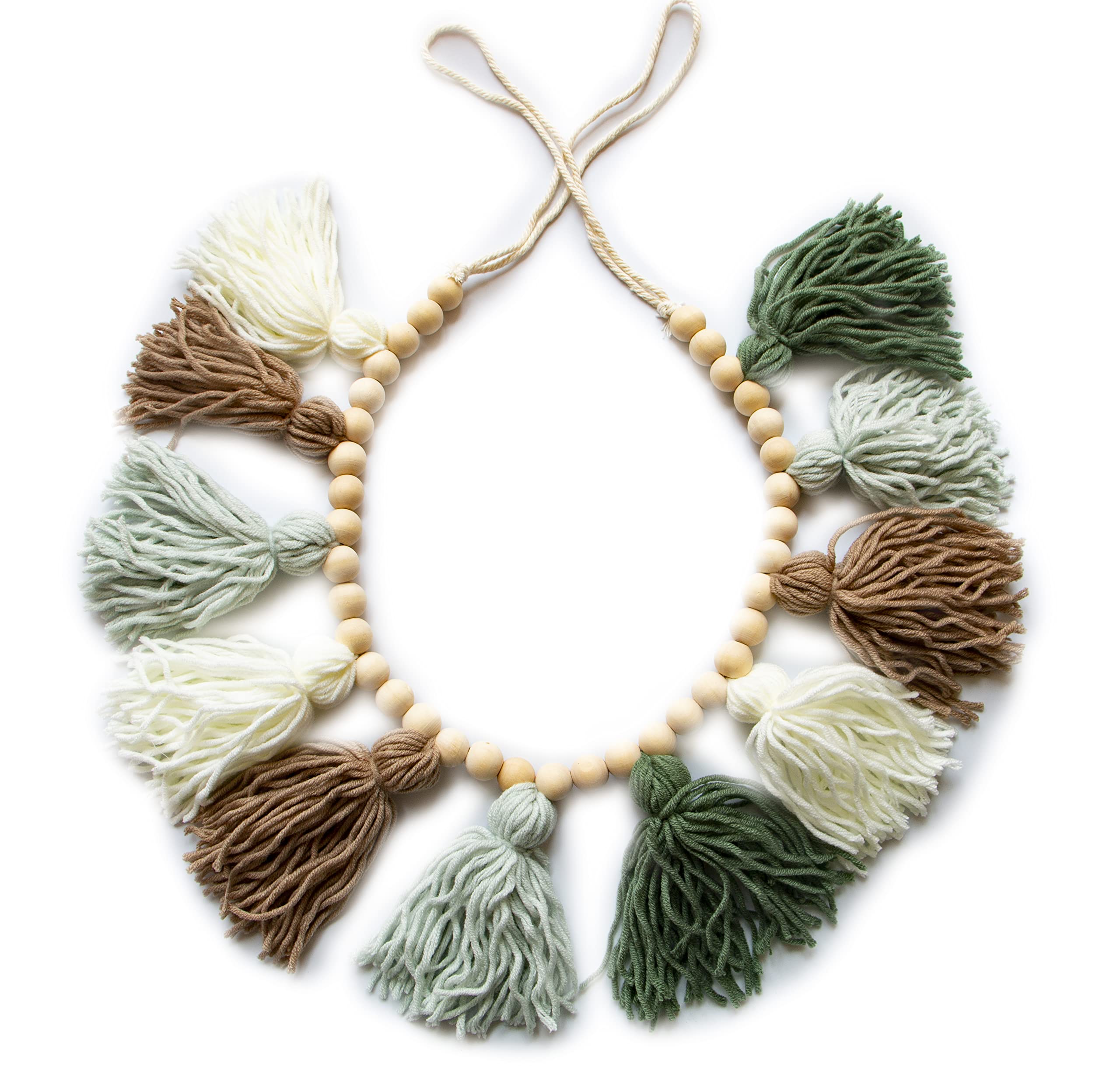 Decocove Tassel Garland - Boho Tassel Garland with Wood Beads - Wall Decor for Dorm, Girls Room and Nursery Room - Olive Green (