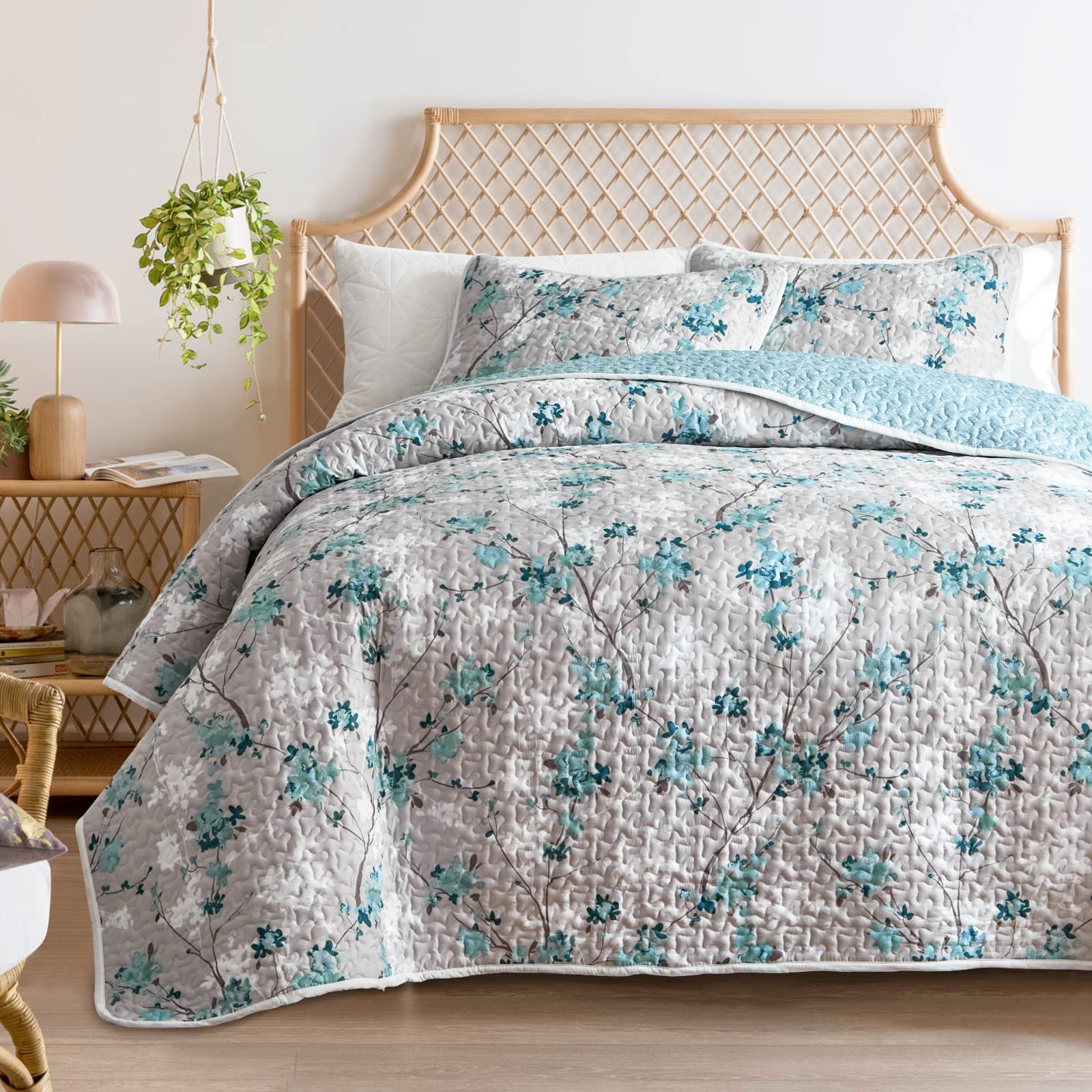 Flysheep Botanical Quilt Set Full Queen Size, 3 Pieces Grey And Aqua Elegant Floral Printed Summer Bedding Set, Soft Microfiber
