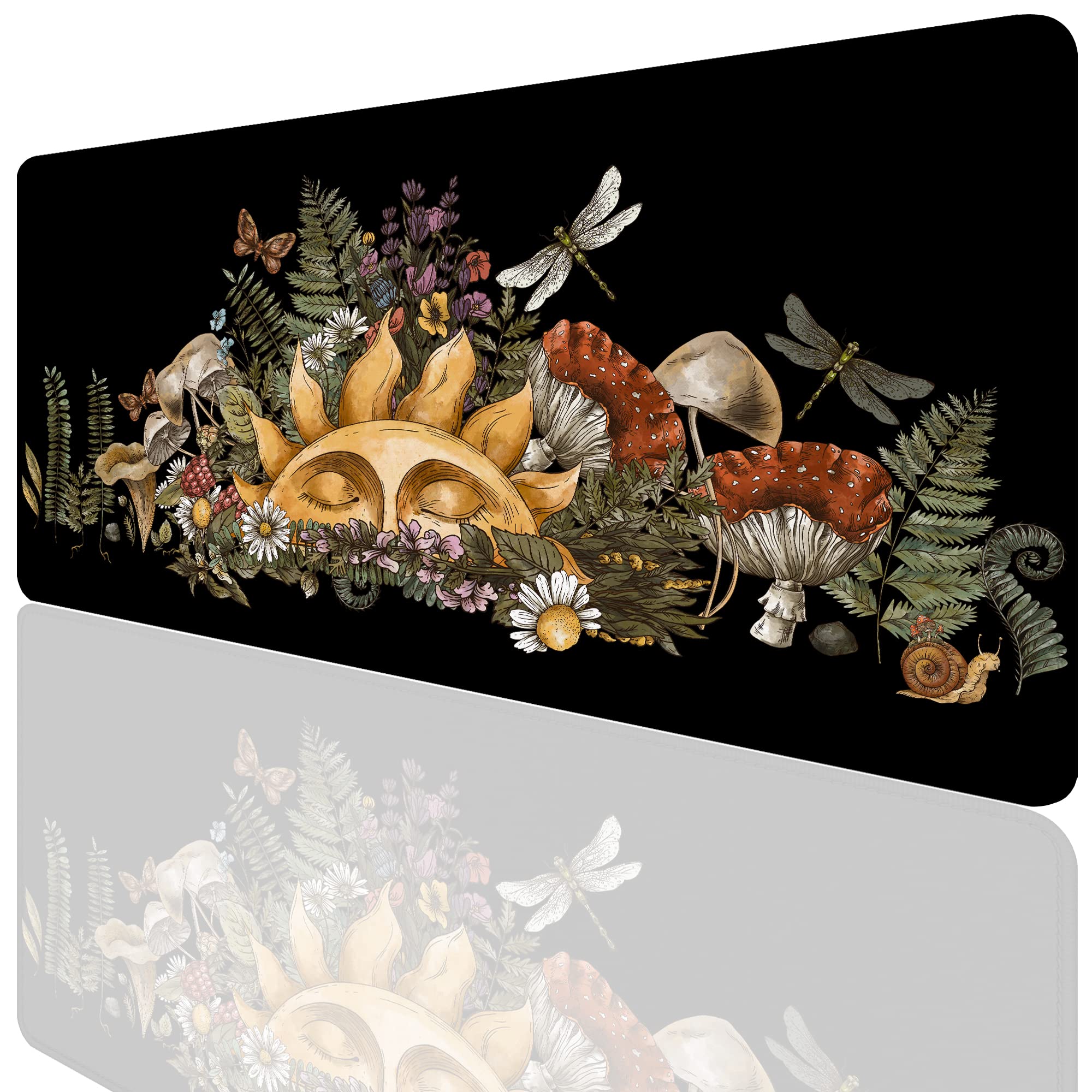 Smoaffly Desk Pad,Mushroom And Sun Flowers Desk Mat Extended Large For Office Work & Game,Non-Slip Rubber Base And Stitched Edge