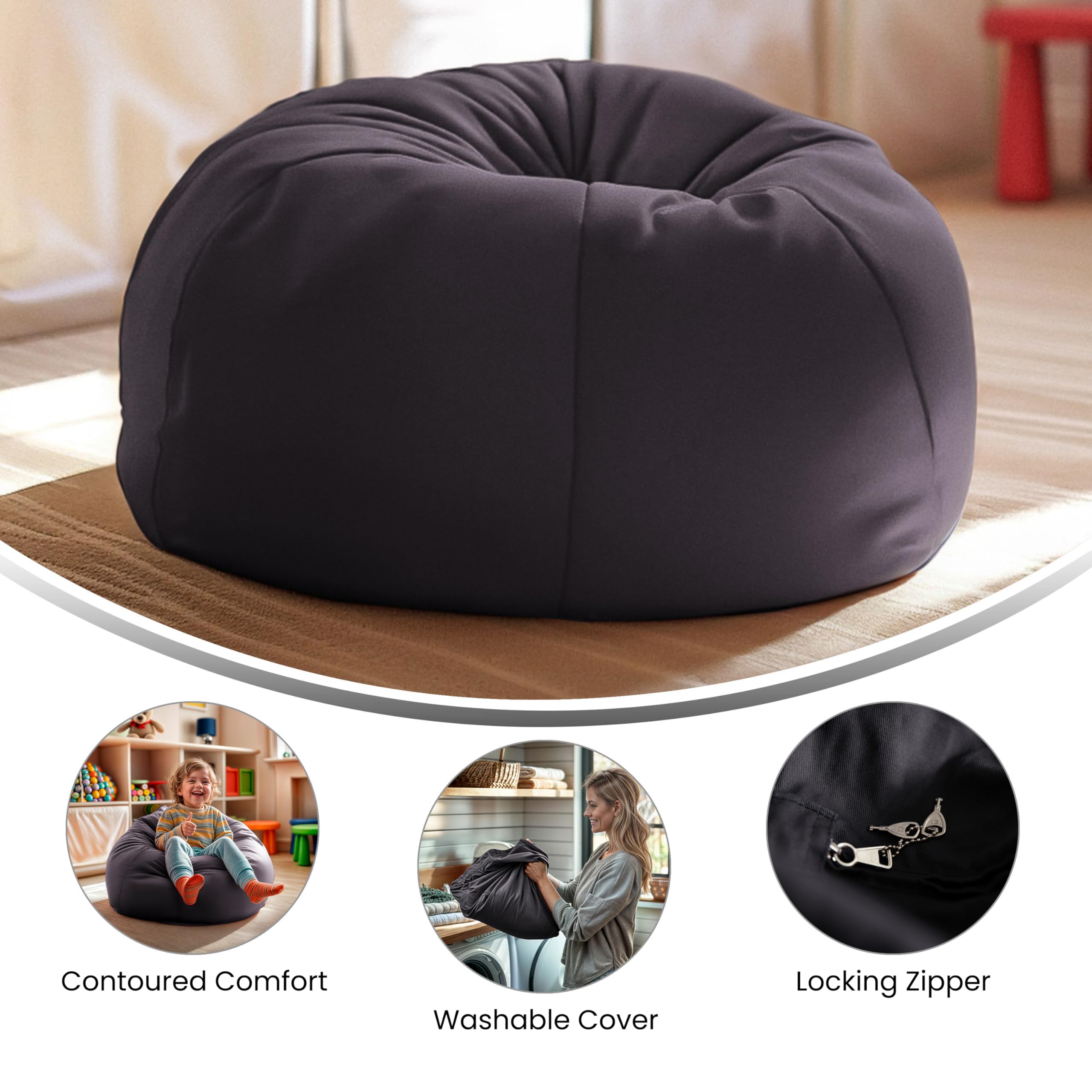 Flash Furniture Dillon Small Bean Bag Chair for Kids and Teens, Foam-Filled Beanbag Chair with Machine Washable Cover, Gray