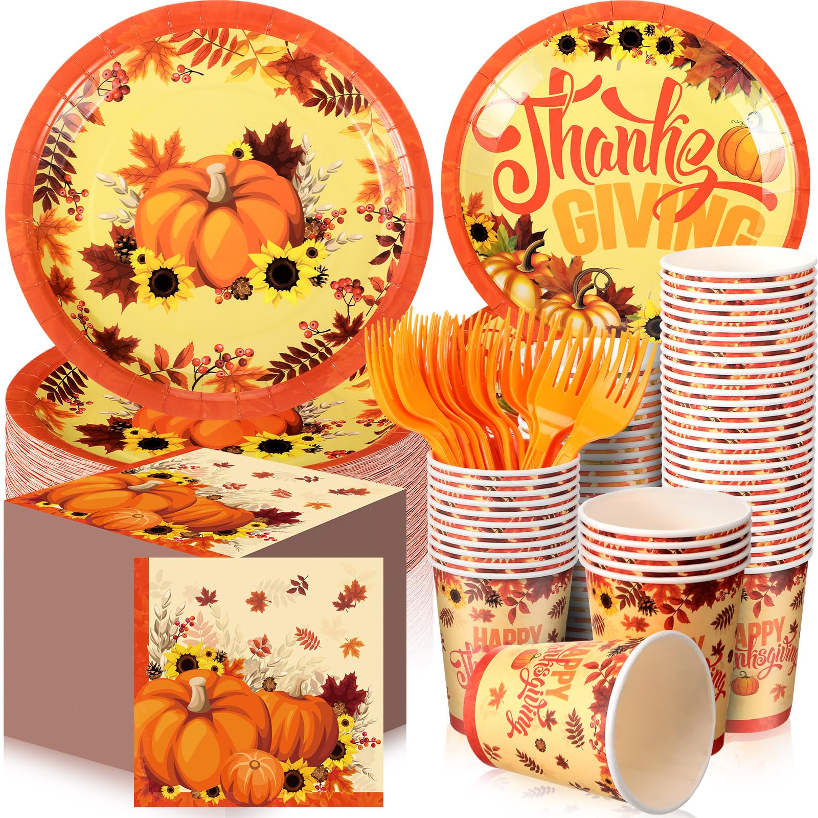 Sliner 180 Pcs Thanksgiving Disposable Plates and Napkins Sets, Fall Theme Thanksgiving Party Supplies for Thanksgiving Party De