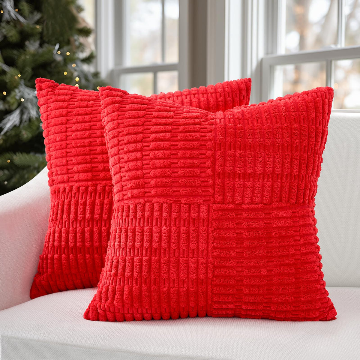 Topfinel Christmas Throw Pillow Covers Set Of 2 Soft Corduroy Decorative Red Pillow Covers Textured Striped Patchwork Cushion Ca