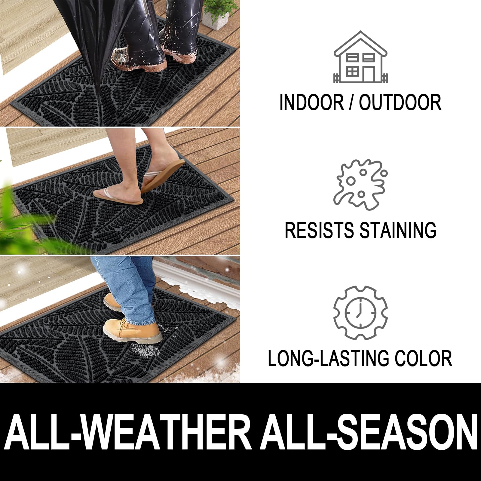 Colorxy Waterproof Doormat - Sturdy Natural Rubber Front Indoor/Outdoor Mat, Non Slip Low Profile, Stain & Fade Resistant, Easy Clean, 36''X24'', Black