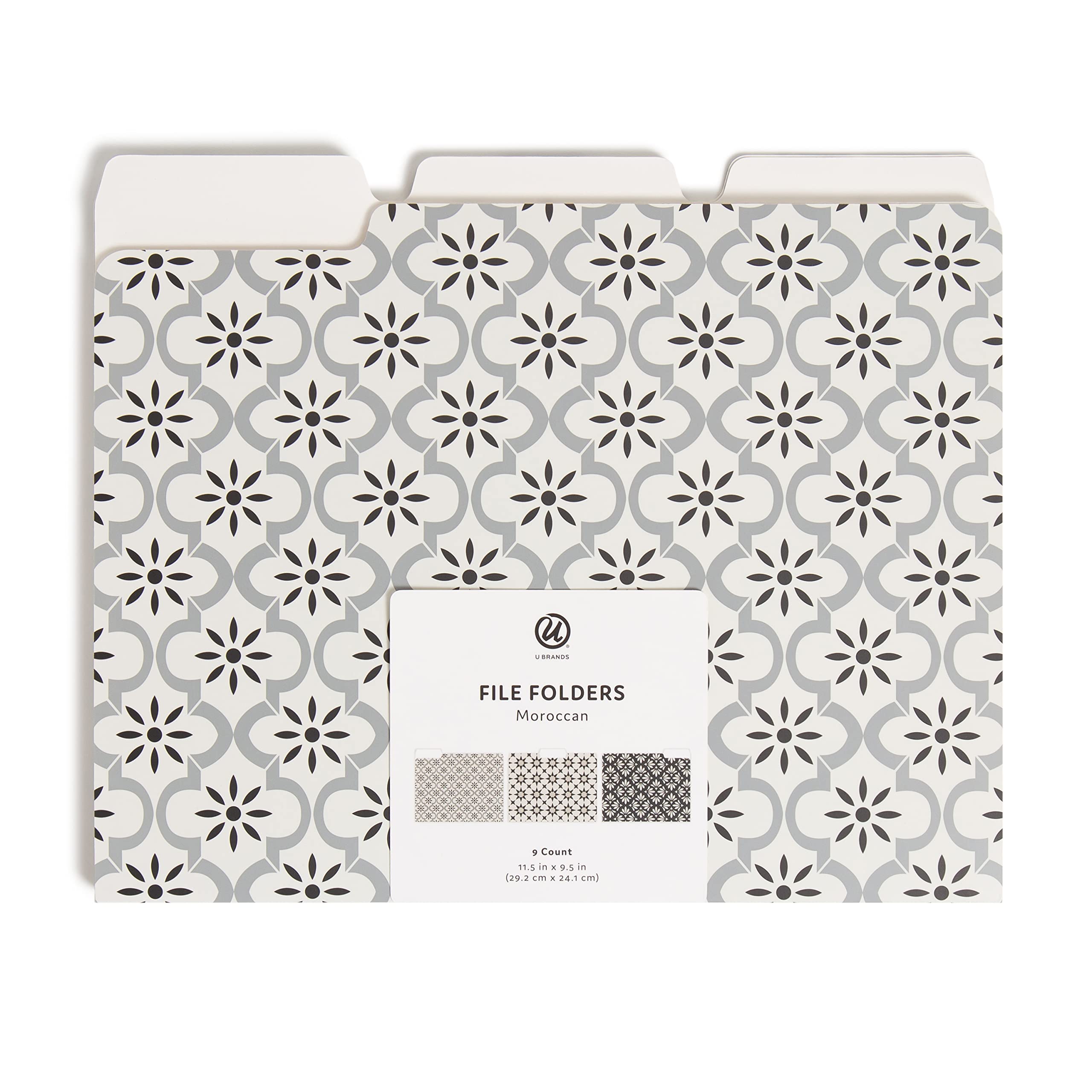 U Brands Moroccan File Folders, Office Supplies, 1/3-Cut Tabs In Assorted Positions, Letter Size, Black And White, 9 Count