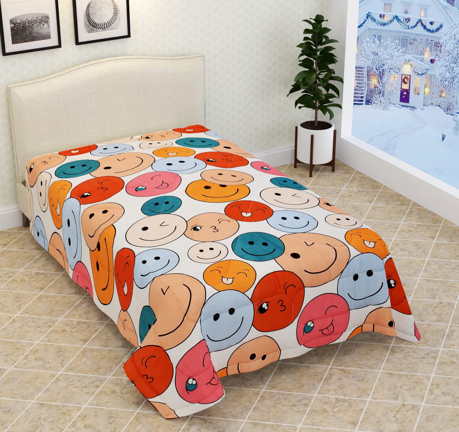 Kitch Deco Glace Cotton Single Bed Reversible Babies & Kids Comforter/Dohar/Quilt, 200 Gsm (60X90 Inches) (Smiles)