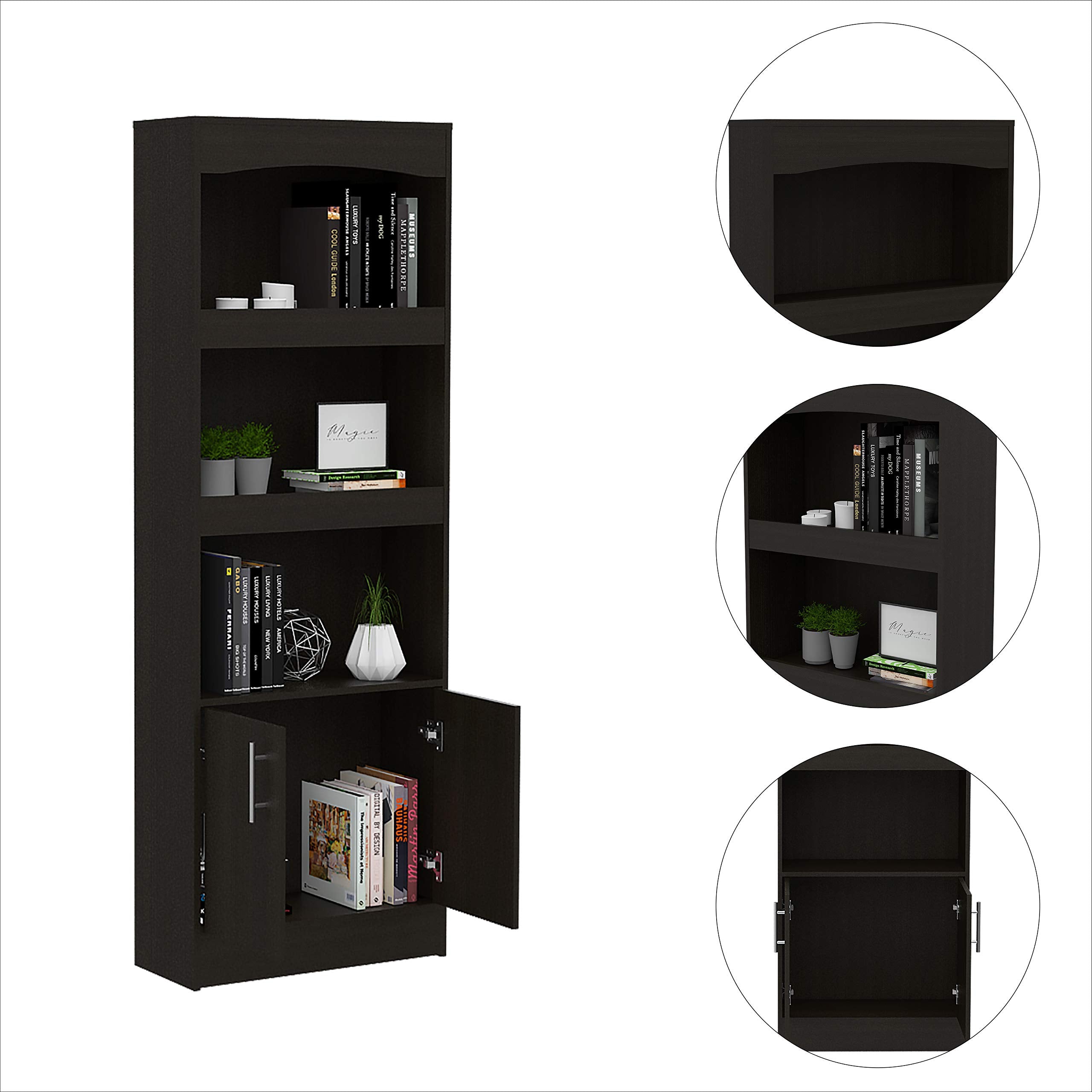 Dozza 71-inch Tall Bookcase with 3 Shelves, Double Door Cabinet, and Metal Hardware, Black Wenge