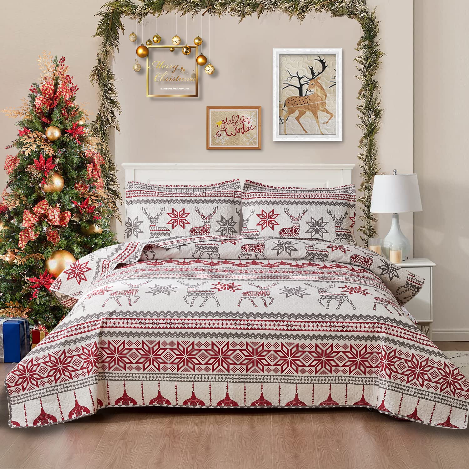 Smuge Christmas Bedspread Quilt Sets Queen Size - Nordic Cabin Lodge Wildlife Reindeers Elk Red Lantern Snowflake Striped Winter