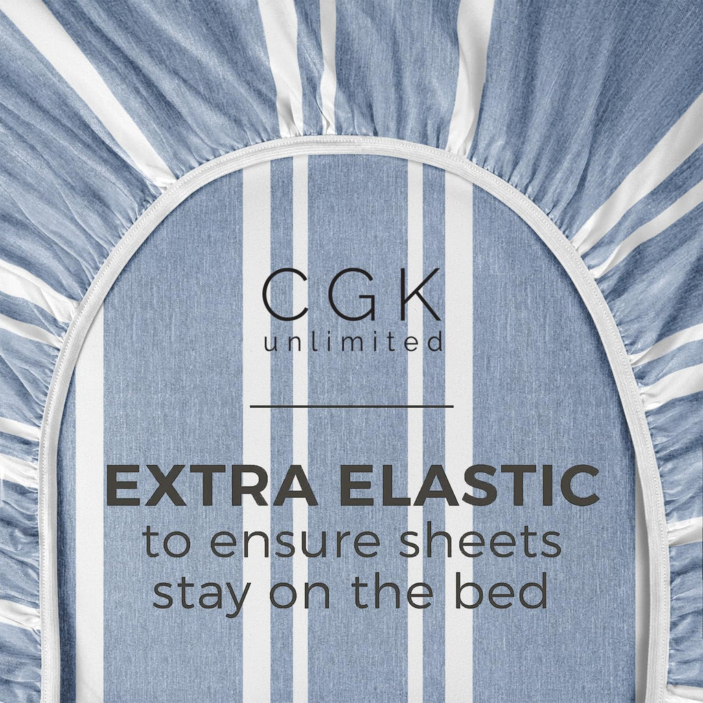 Queen Size Fitted Bed Sheet - Hotel Luxury Single Fitted Sheet Only - Fits Mattress Up To 16 - Extra Soft, Wrinkle Free, Breathable Sheets - Bottom Fitted Sheet - Blue Stripes Single Fitted Sheet Only