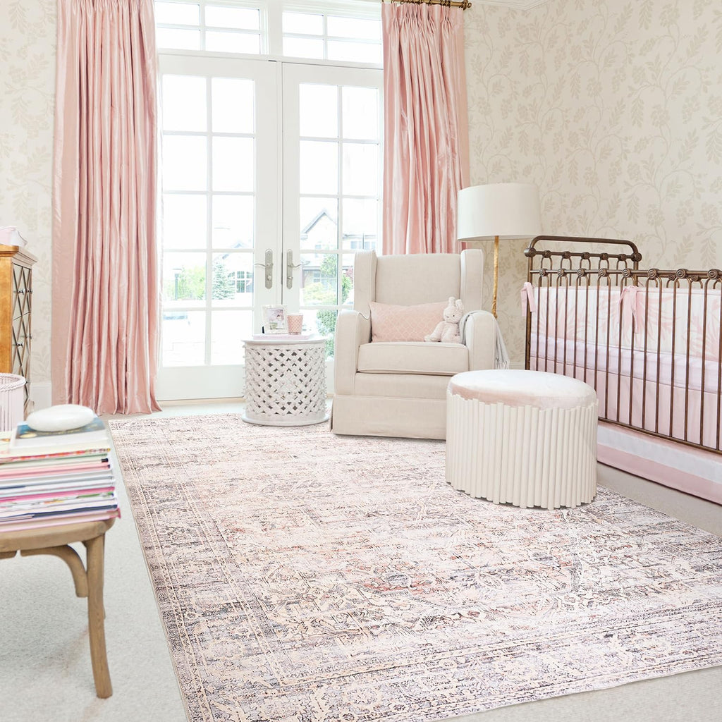 Bileehome Pink Boho Rugs For Bedroom Aesthetic Under Bed,Washable Cute Floral Large Neutral Area Rugs 8X10 For Living Room,8 X 1