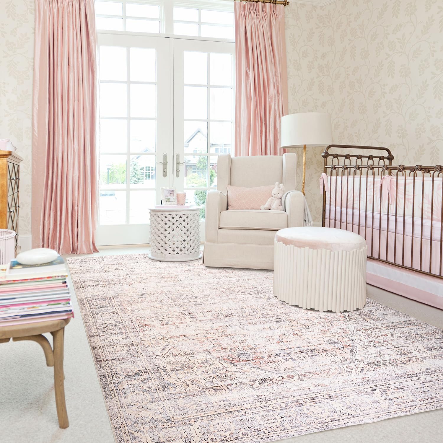 Bileehome Pink Boho Rugs For Bedroom Aesthetic Under Bed,Washable Cute Floral Large Neutral Area Rugs 8X10 For Living Room,8 X 1